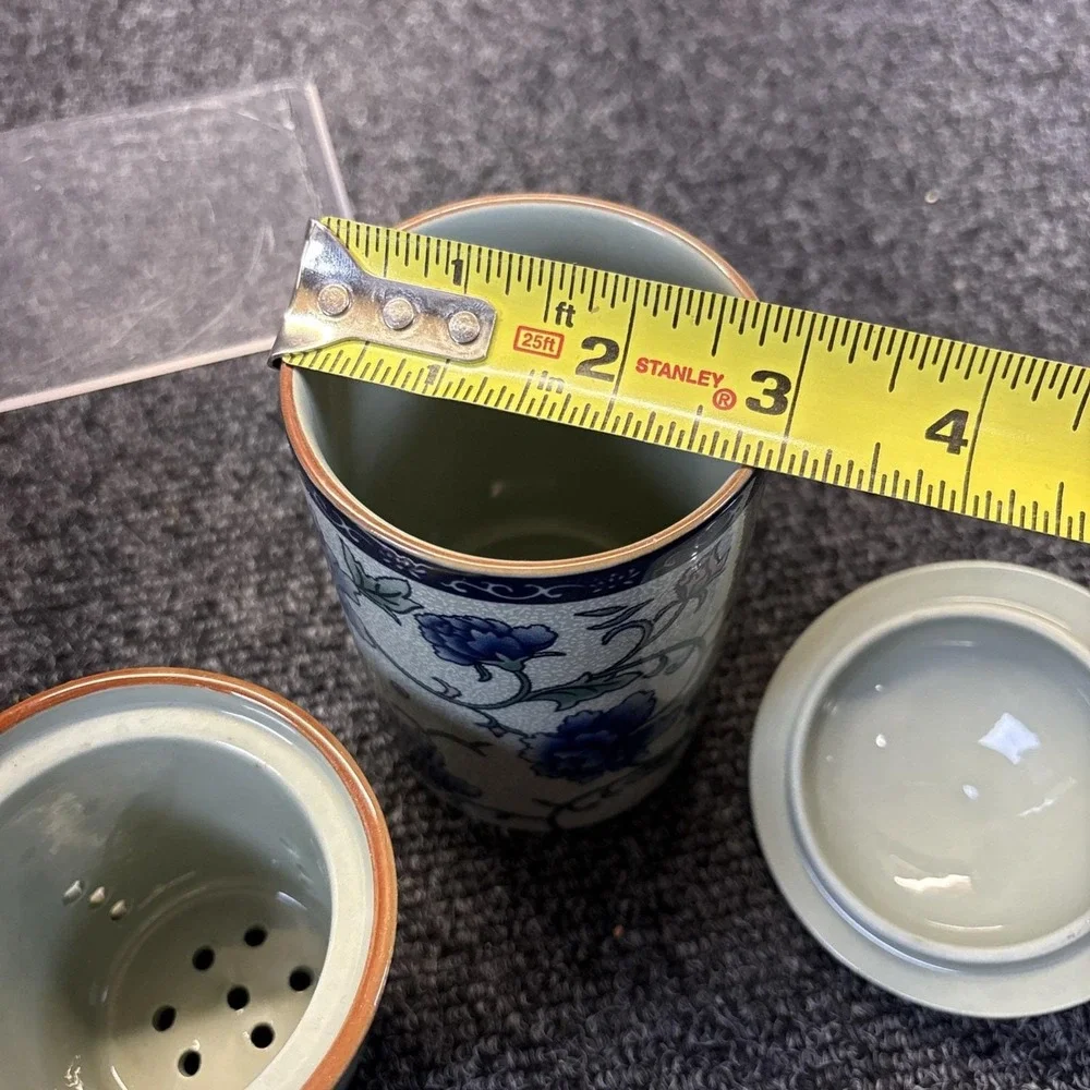 Oriental Style Ceramic Tea Cup Infuser Steep Brew Blue Flowers~Set of 2~READ